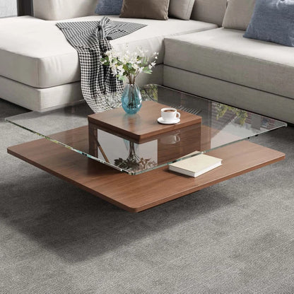 31.5" Square Coffee Table with Clear Tempered Glass Top and Bottom Storage Shelf for your Living Room