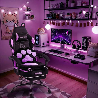 Cute Gaming Chair with Cat Ears & Paw Lumbar Cushion and Foot Rest