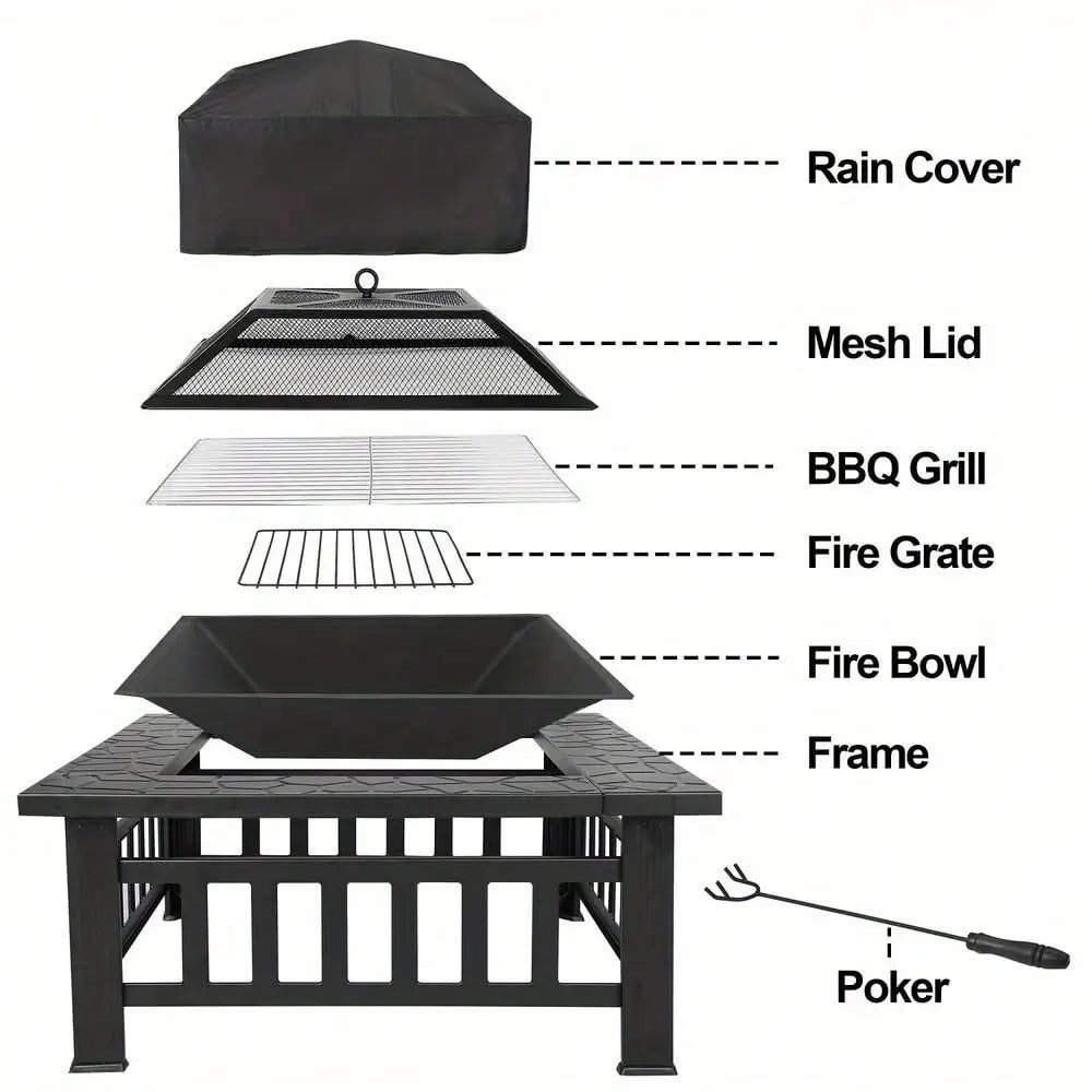 32" Metal Square Fire Pit, ice box, barbecue for your outdoor space