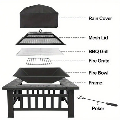32" Metal Square Fire Pit, ice box, barbecue for your outdoor space