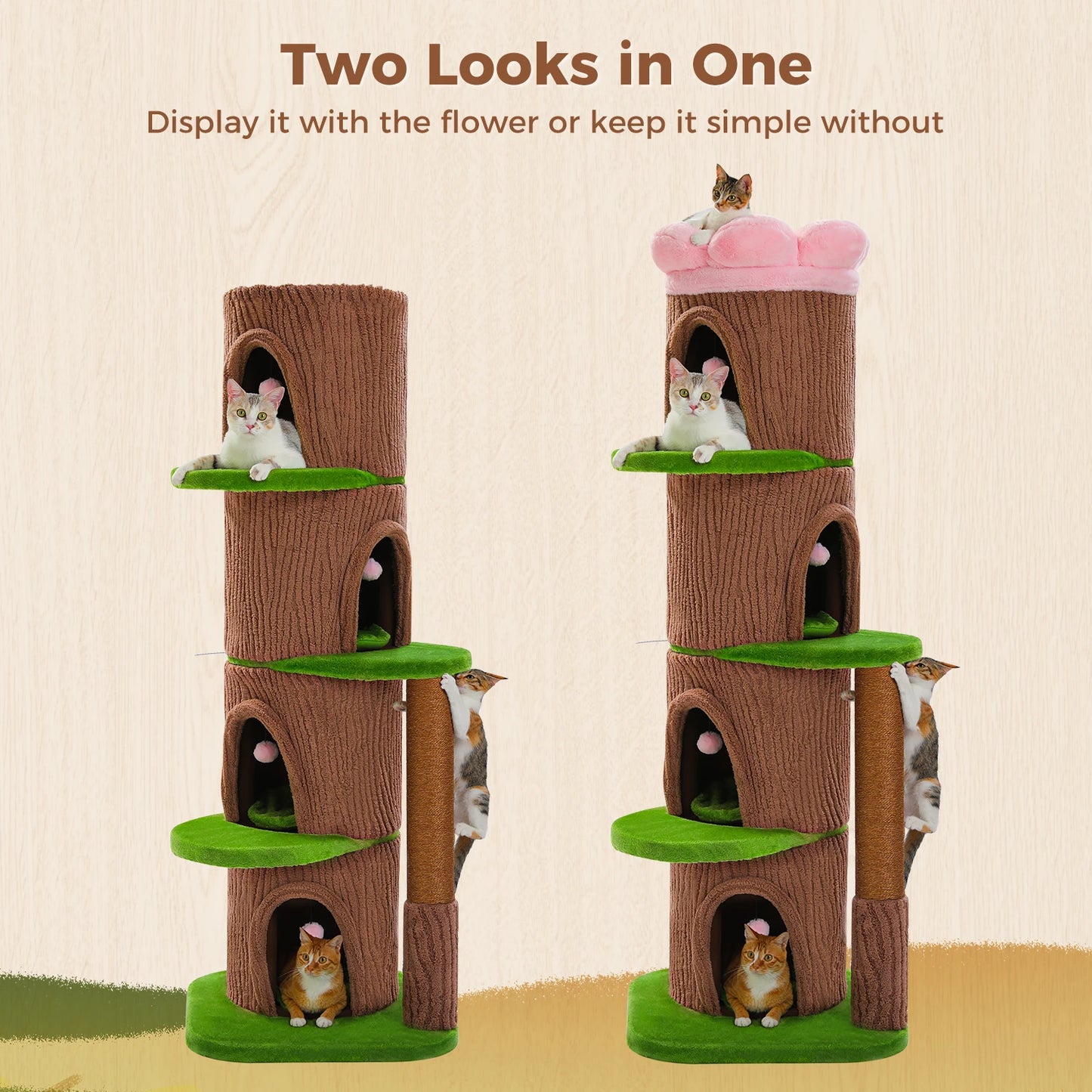 Luxurious Large Cat Tree with 2 or 4 Spacious Condos and a detachable toy for your cat or cats enjoyment!
