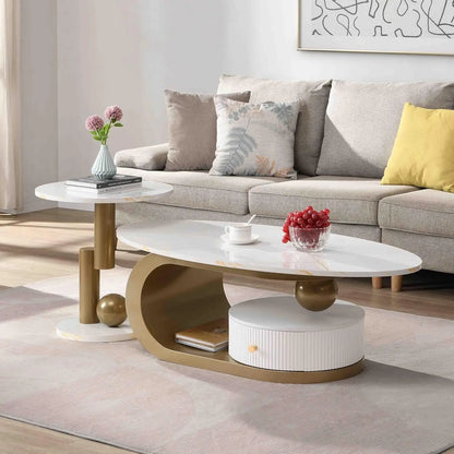 Modern Stainless Steel Pedestal Coffee Table with faux Marble Top