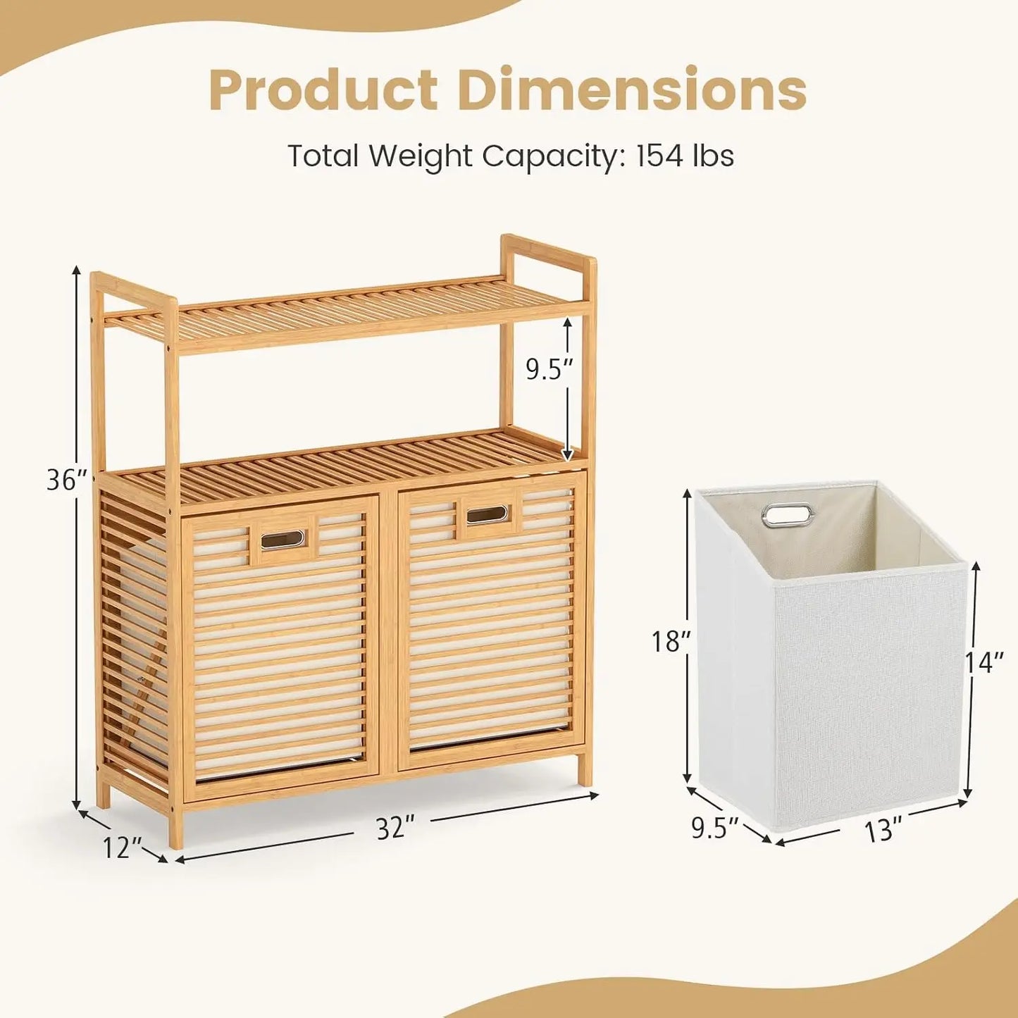 Double Tilt Out 14 Gallon Laundry Hamper w/2-Tier Storage Shelf