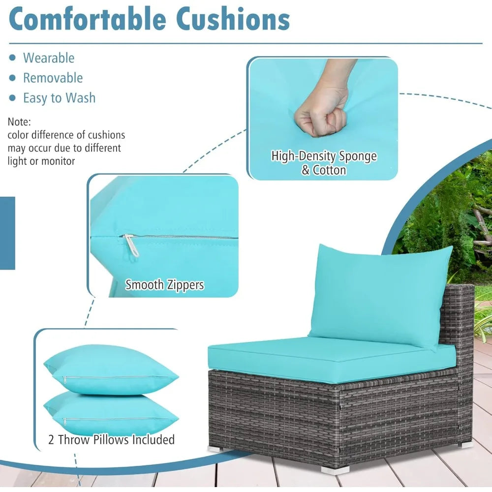 All-Weather Outdoor 7 Piece Rattan Sectional Sofa Set with Cushions and Tempered Glass Coffee Table