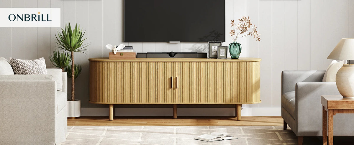 Living Room TV Stand with Power Outlet and Adjustable Shelves