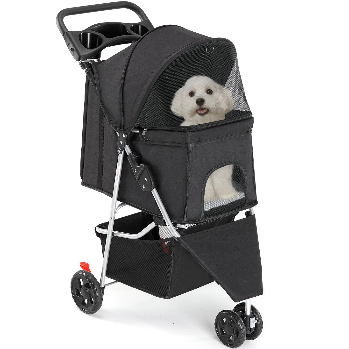 Foldable Pet Stroller for Small Dogs and Cats with Mesh Windows, Storage Basket, and Cup Holder