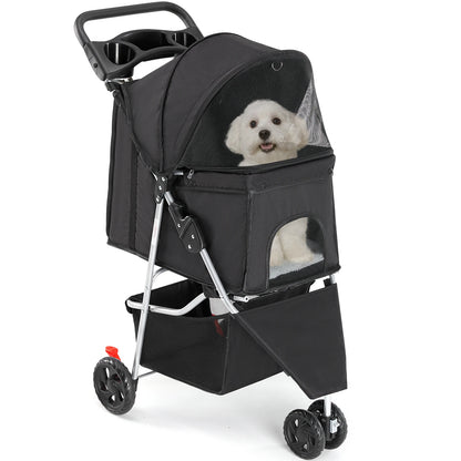 Foldable Pet Stroller for Small Dogs and Cats with Mesh Windows, Storage Basket, and Cup Holder
