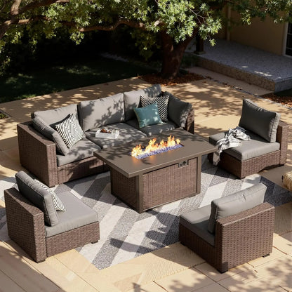 7-Piece Rattan Patio Furniture Set with 44" Fire Pit/Table