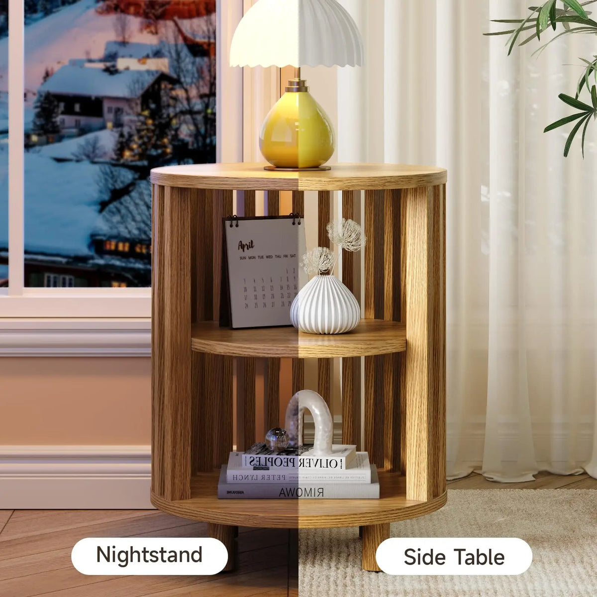 Fluted Round Nightstand with Charging Station for your Bedroom