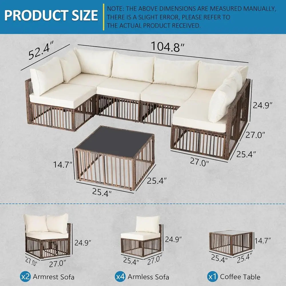 7-Piece Brown/Beige Wicker Sectional Patio Set