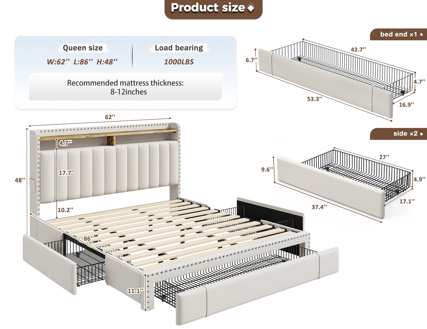 Full, Queen or King Platform Bed Frame with 3 Drawers and 2-Tier Storage
