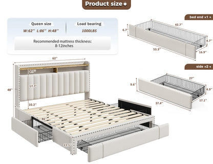 Full, Queen or King Platform Bed Frame with 3 Drawers and 2-Tier Storage