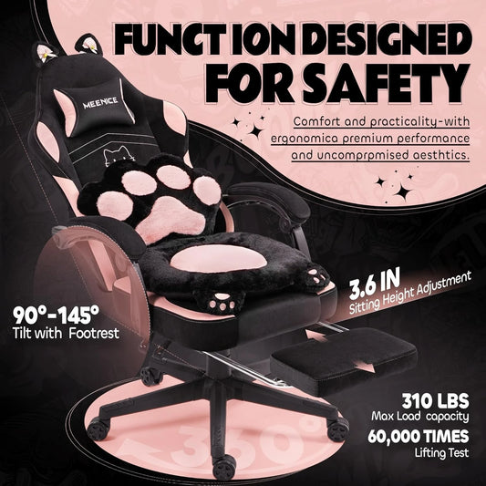 Cute Gaming Chair with Cat Ears & Paw Lumbar Cushion and Foot Rest