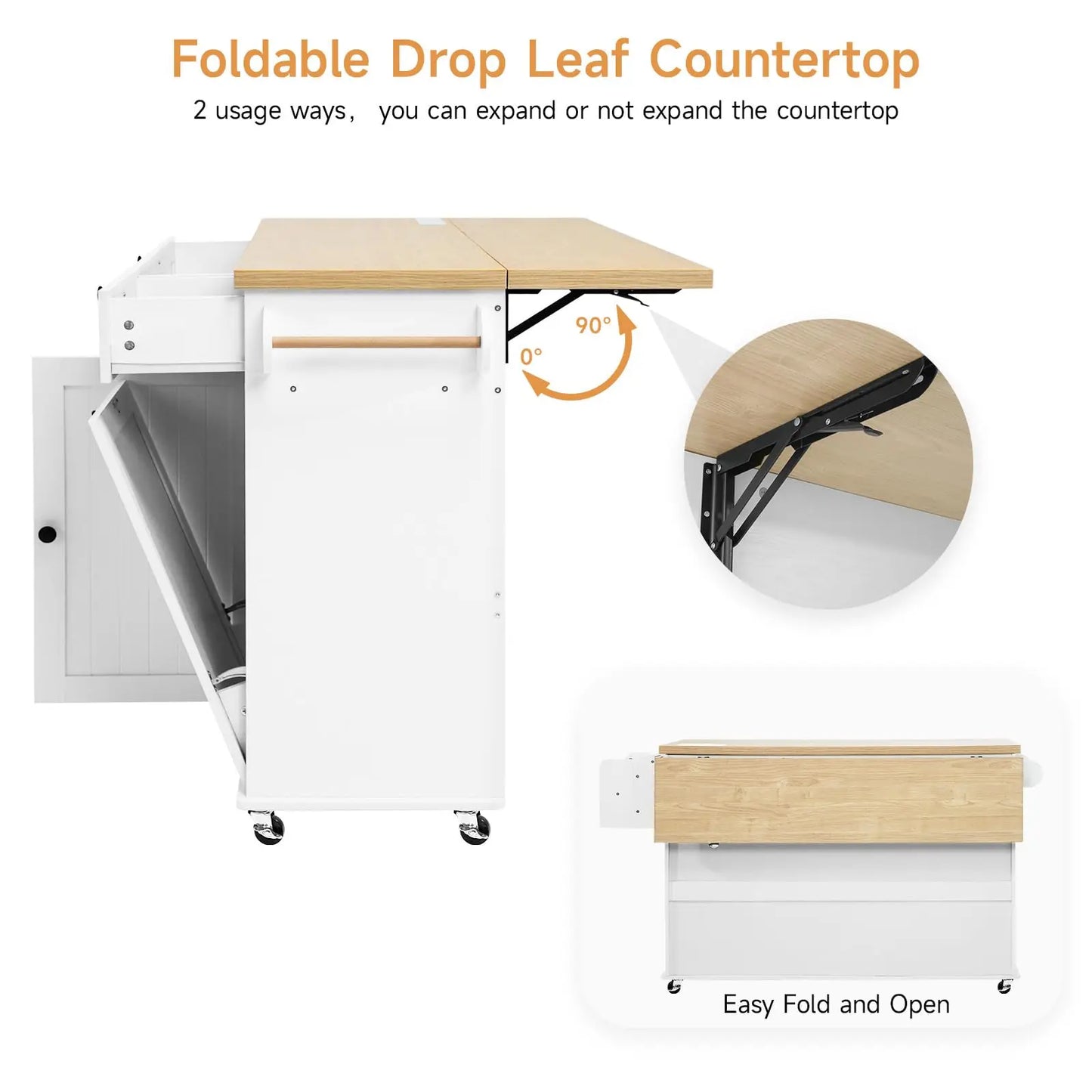 60" Rolling Kitchen Island with Drop Leaf, Power Outlet, and Trash Enclosure