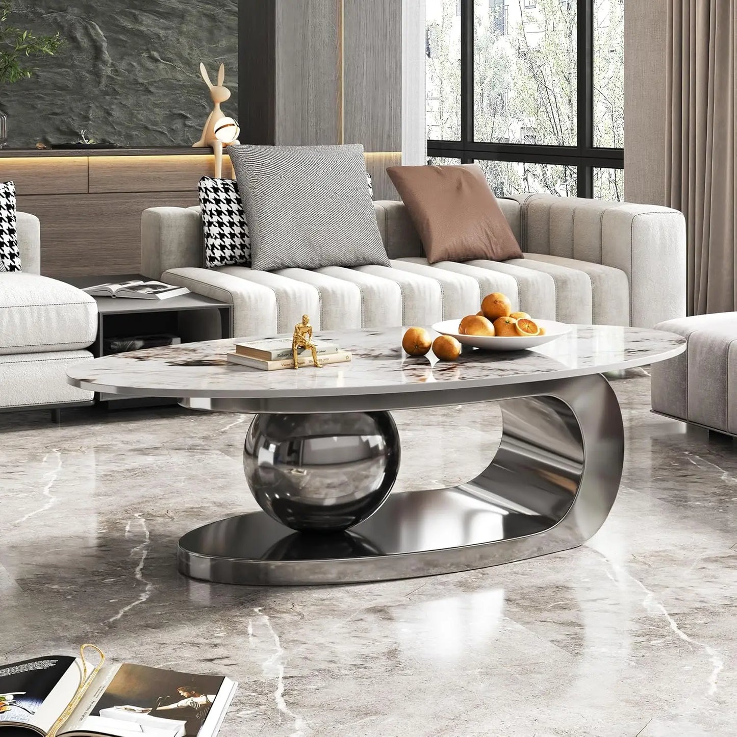 Modern Stainless Steel Pedestal Coffee Table with faux Marble Top
