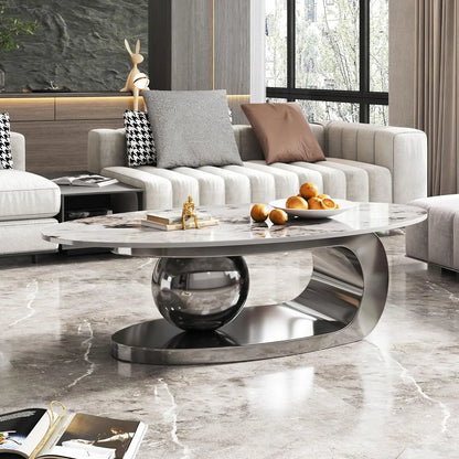 Modern Stainless Steel Pedestal Coffee Table with faux Marble Top
