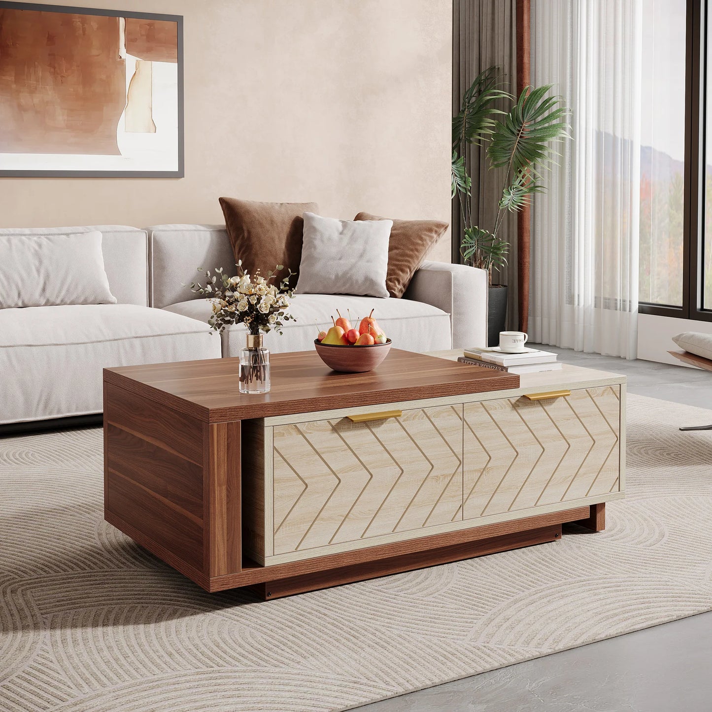 Expandable Wood Coffee Table with 2 Storage Drawers