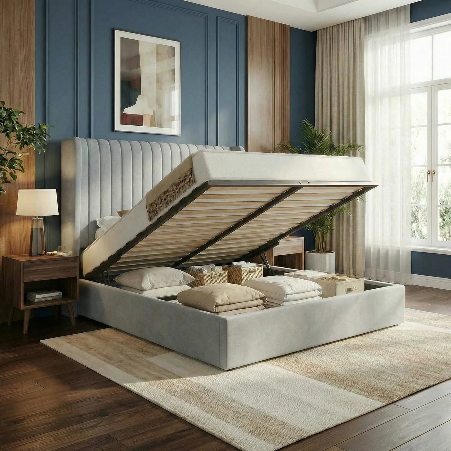 Upholstered Velvet Platform Full, Queen, or King Bed Frame with Hydraulic Driven Lift Up Storage
