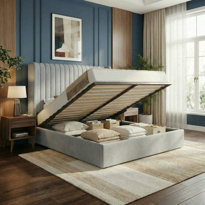 Upholstered Velvet Platform Full, Queen, or King Bed Frame with Hydraulic Driven Lift Up Storage