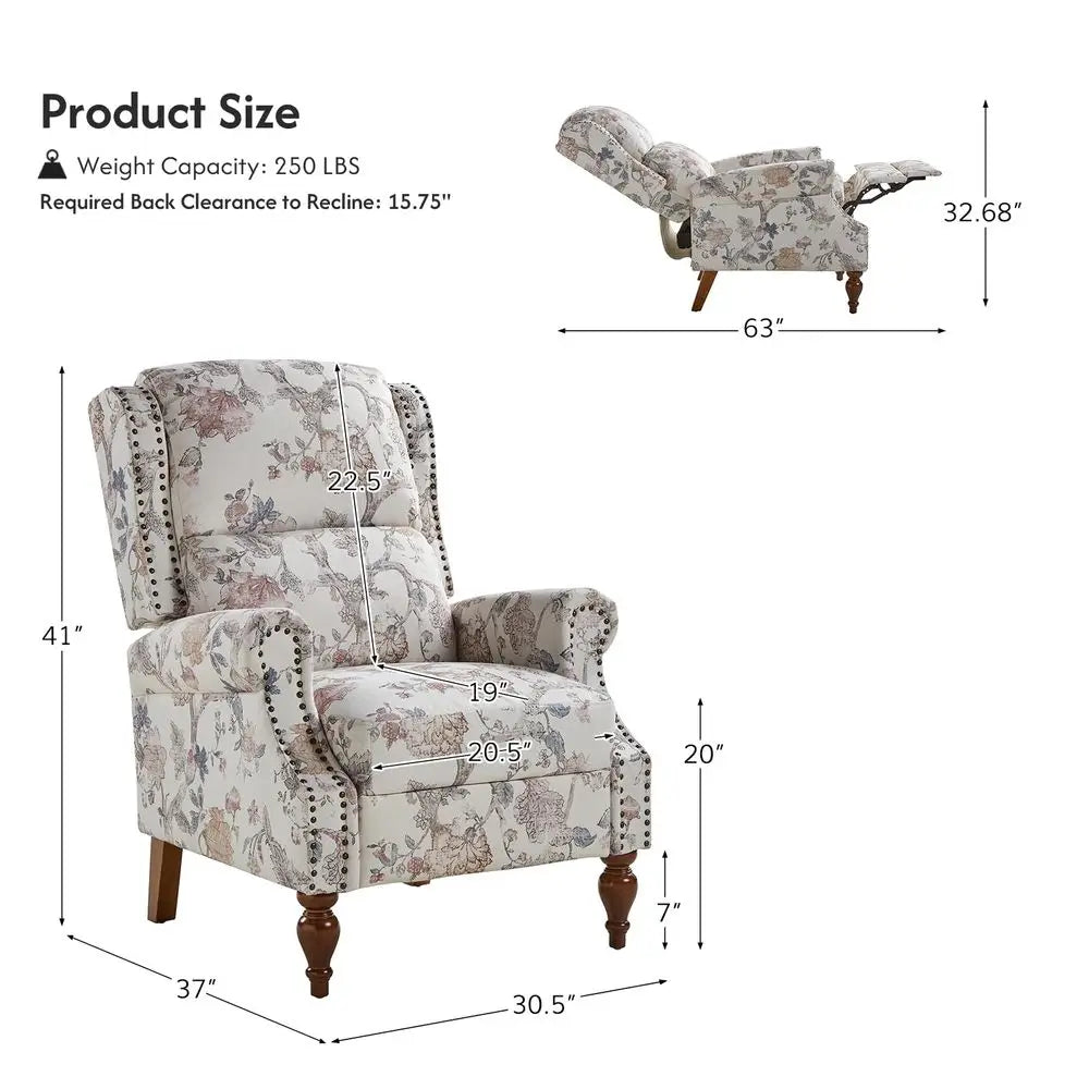 Upholstered Floral Fabric Wingback Recliner Chair