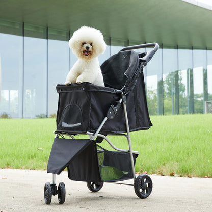 Foldable Pet Stroller for Small Dogs and Cats with Mesh Windows, Storage Basket, and Cup Holder
