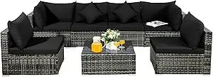 All-Weather Outdoor 7 Piece Rattan Sectional Sofa Set with Cushions and Tempered Glass Coffee Table