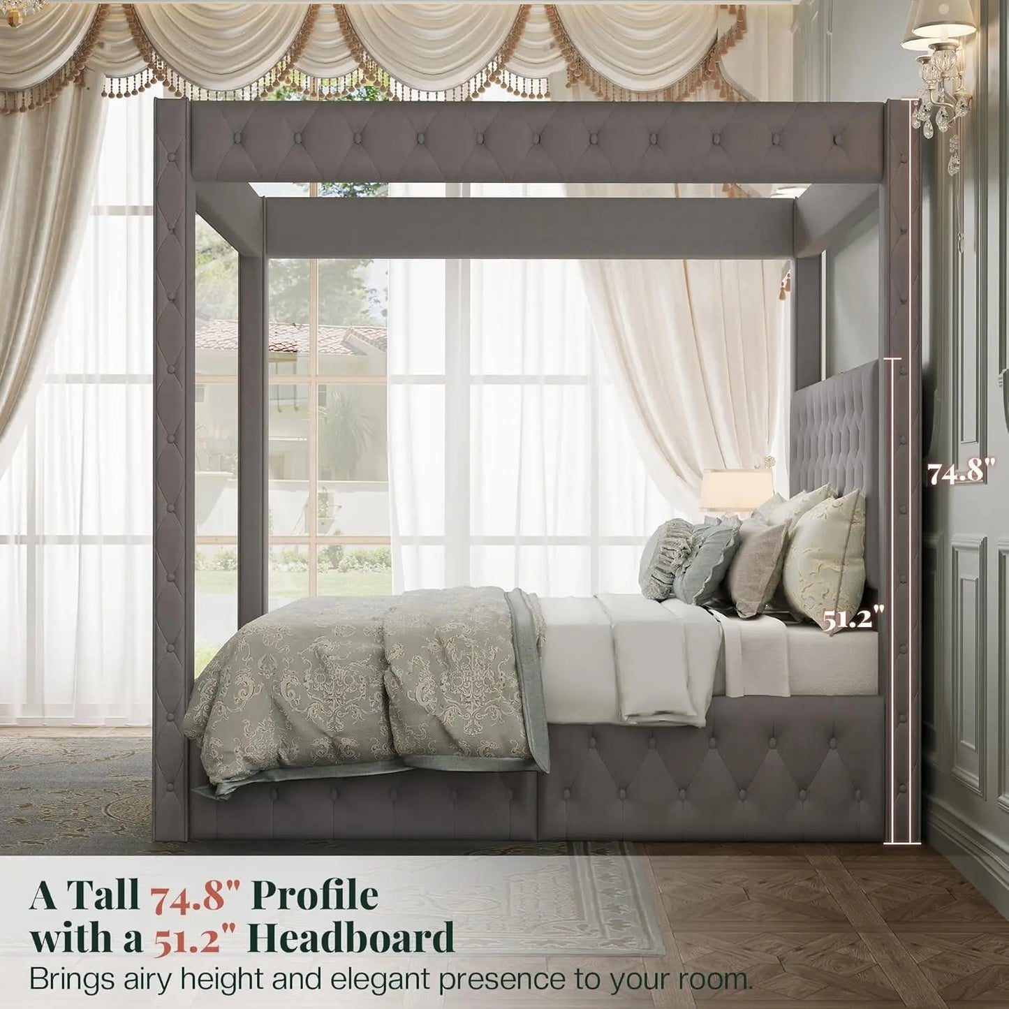 Upholstered Velvet Tufted King size Canopy Bed Frame with Charging Station