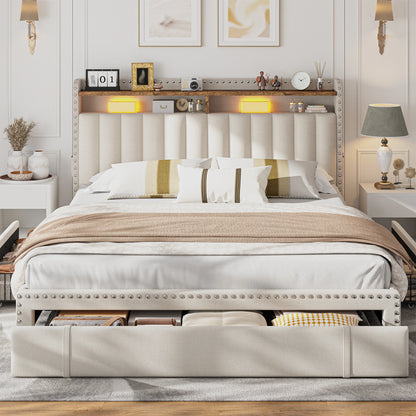 Full, Queen or King Platform Bed Frame with 3 Drawers and 2-Tier Storage