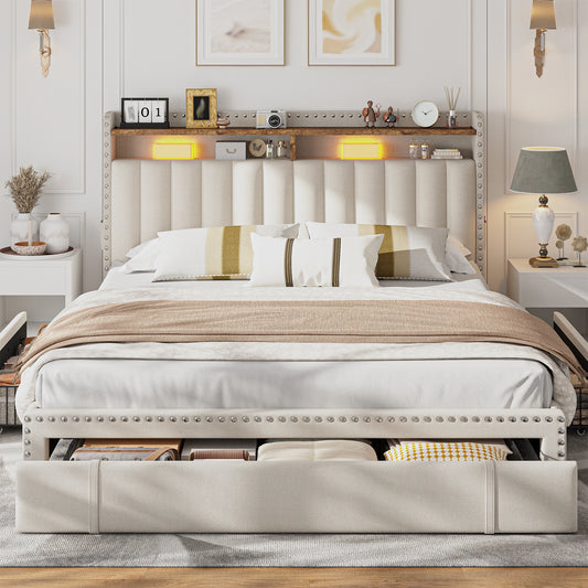 Full, Queen or King Platform Bed Frame with 3 Drawers and 2-Tier Storage