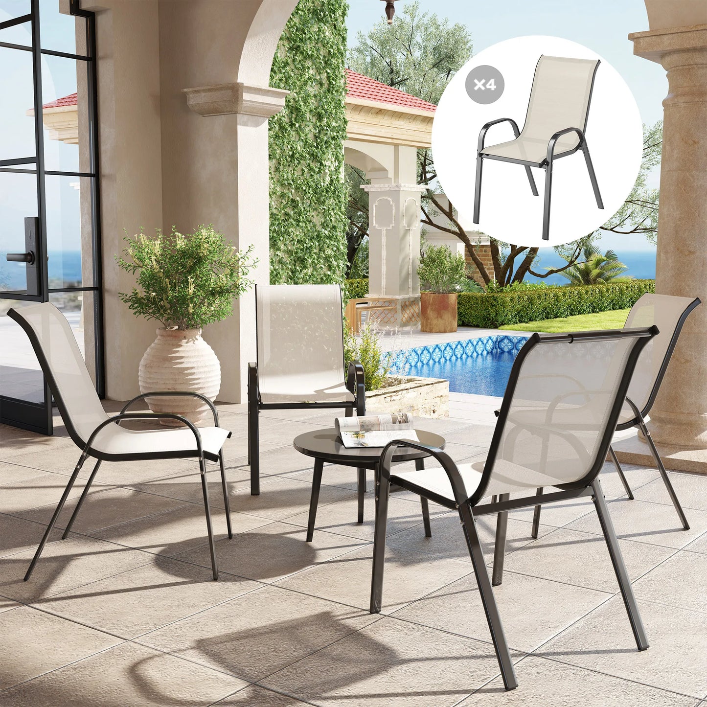 Set of 4 Beige Stackable Patio Dining Chairs