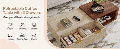 Expandable Wood Coffee Table with 2 Storage Drawers