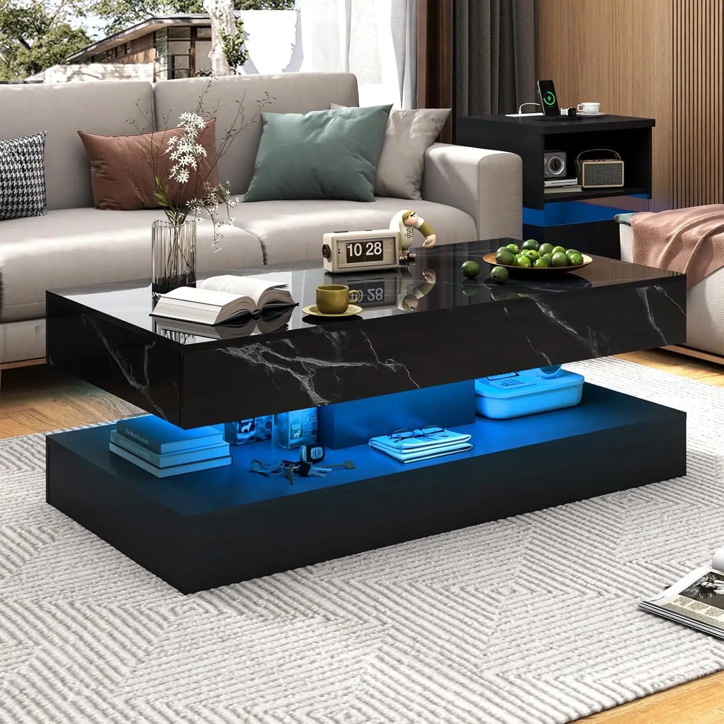 Modern Style Coffee Table with LED lights and slide out Storage Drawers for your Living Room