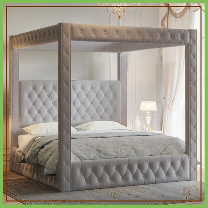Upholstered Velvet Tufted King size Canopy Bed Frame with Charging Station
