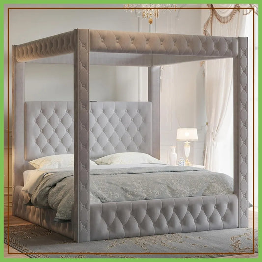 Upholstered Velvet Tufted King size Canopy Bed Frame with Charging Station
