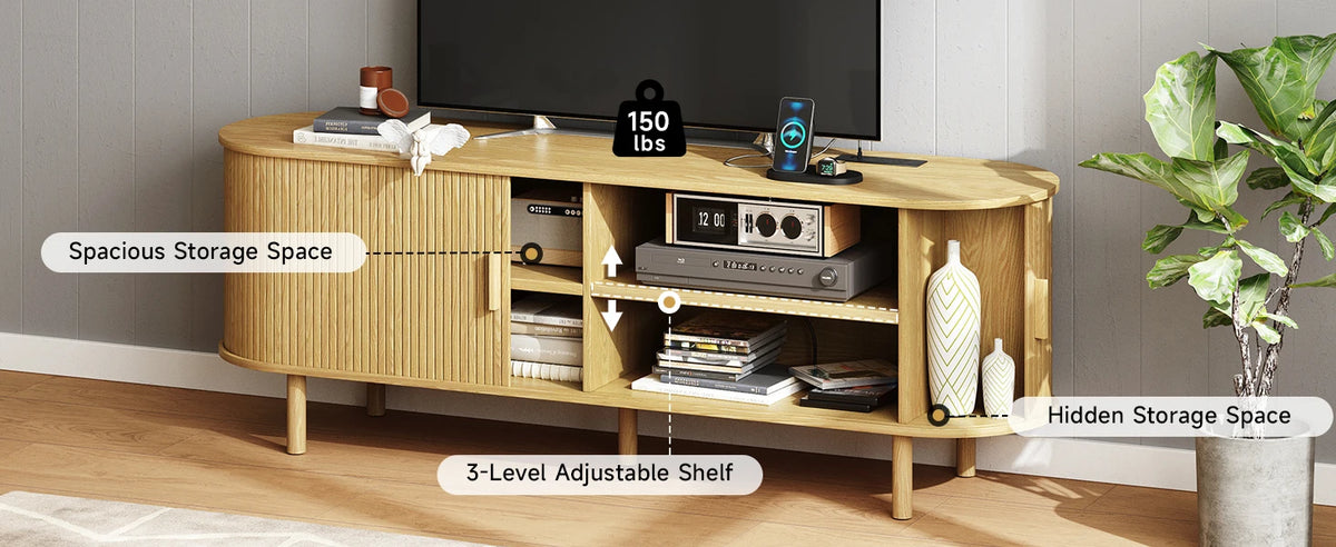 Living Room TV Stand with Power Outlet and Adjustable Shelves