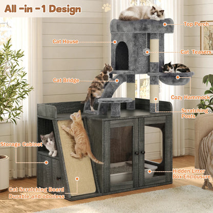 All in One Cat Tree and Litter Box Enclosure with LED Lighting