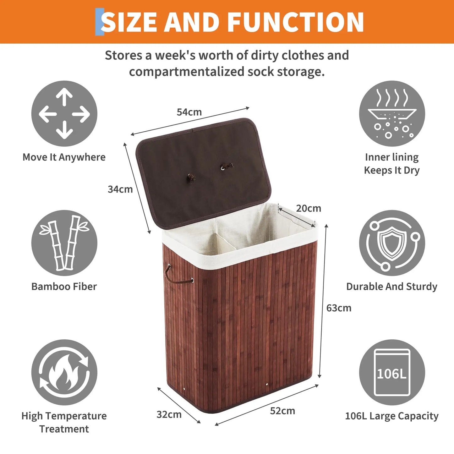 Foldable Large Bamboo Laundry Hamper with Removable 4-Section Liner