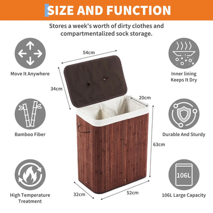 Foldable Large Bamboo Laundry Hamper with Removable 4-Section Liner