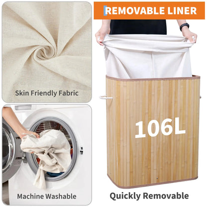 Foldable Large Bamboo Laundry Hamper with Removable 4-Section Liner
