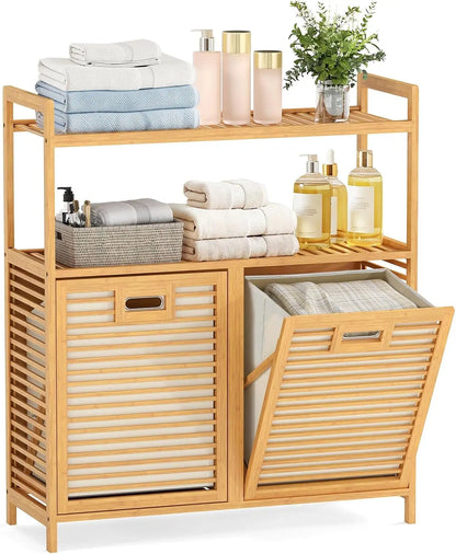 Double Tilt Out 14 Gallon Laundry Hamper w/2-Tier Storage Shelf