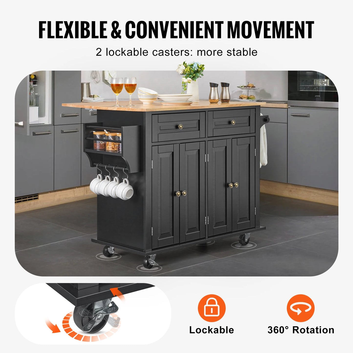 Black Rolling Kitchen Island Cart with Drop Leaf