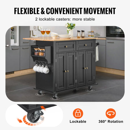 Black Rolling Kitchen Island Cart with Drop Leaf
