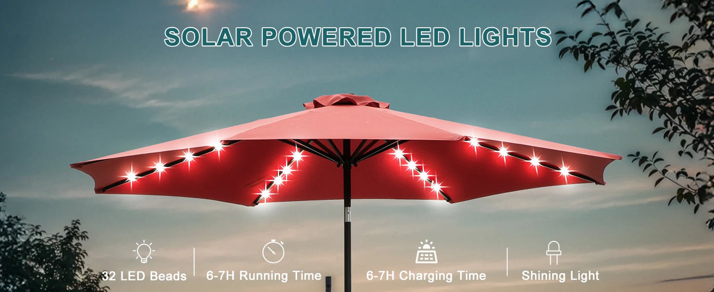 9.5FT Solar Patio Umbrella with 32 LED Lights for your Backyard