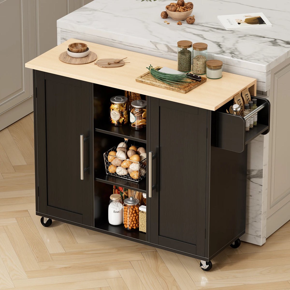 42 Inch Wood Rolling Kitchen Cart with Adjustable Shelves