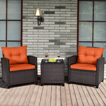 3 Piece Cushioned Rattan Furniture Set with small glass table