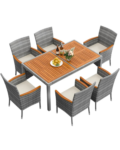 9 Piece Acacia Wood and Wicker Dining Patio Set with Chairs