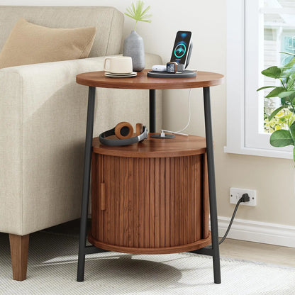 Fluted Round Nightstand with Charging Station for your Bedroom
