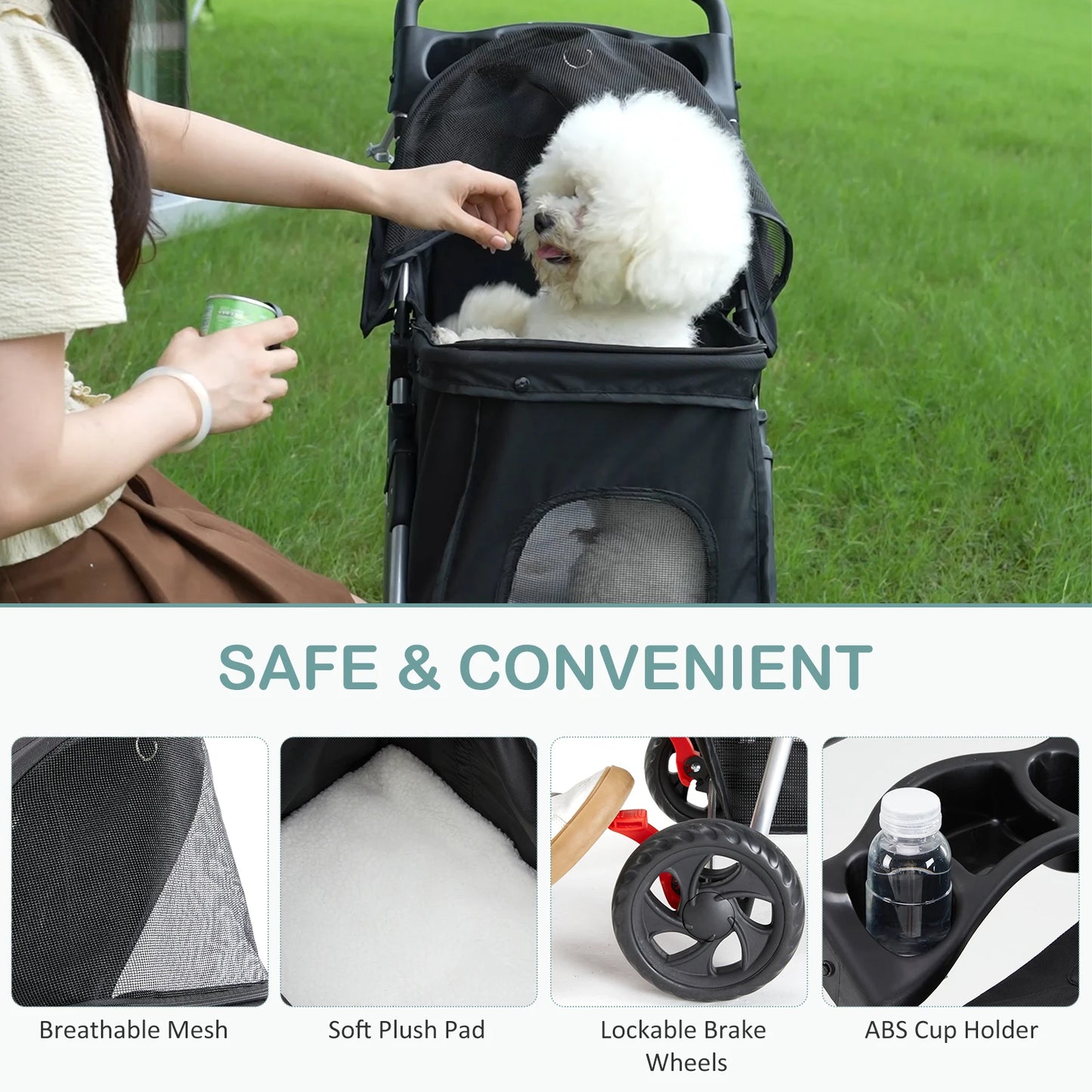 Foldable Pet Stroller for Small Dogs and Cats with Mesh Windows, Storage Basket, and Cup Holder