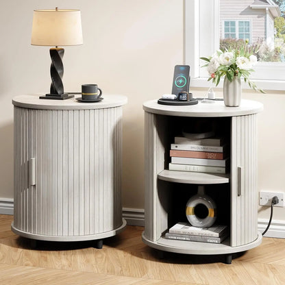 Fluted Round Nightstand with Charging Station for your Bedroom