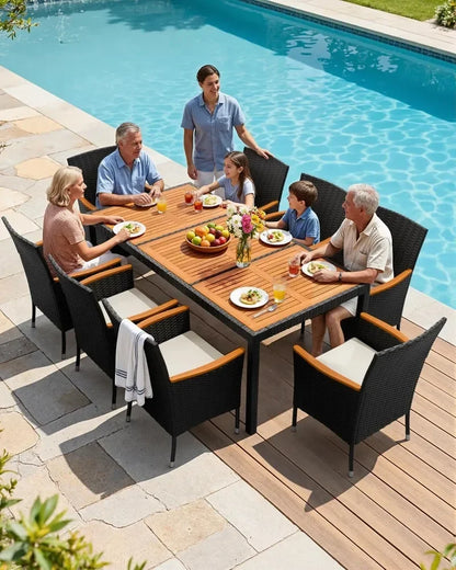 9 Piece Acacia Wood and Wicker Dining Patio Set with Chairs